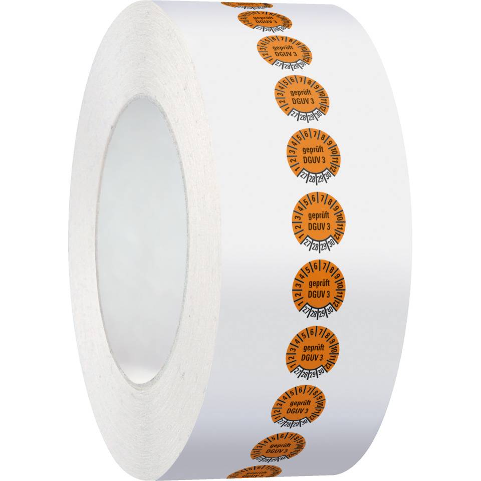 Prüfplakette, geprüft DGUV Vorschrift 3, 27-30, orange, Dokumentenfolie, Ø10mm, 1000/Rolle