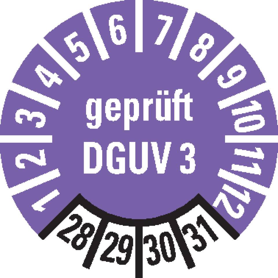 Prüfplakette geprüft nach DGUV 3, 28-31, violett, Folie, ablösbar, Ø 10mm, 1000/Rolle