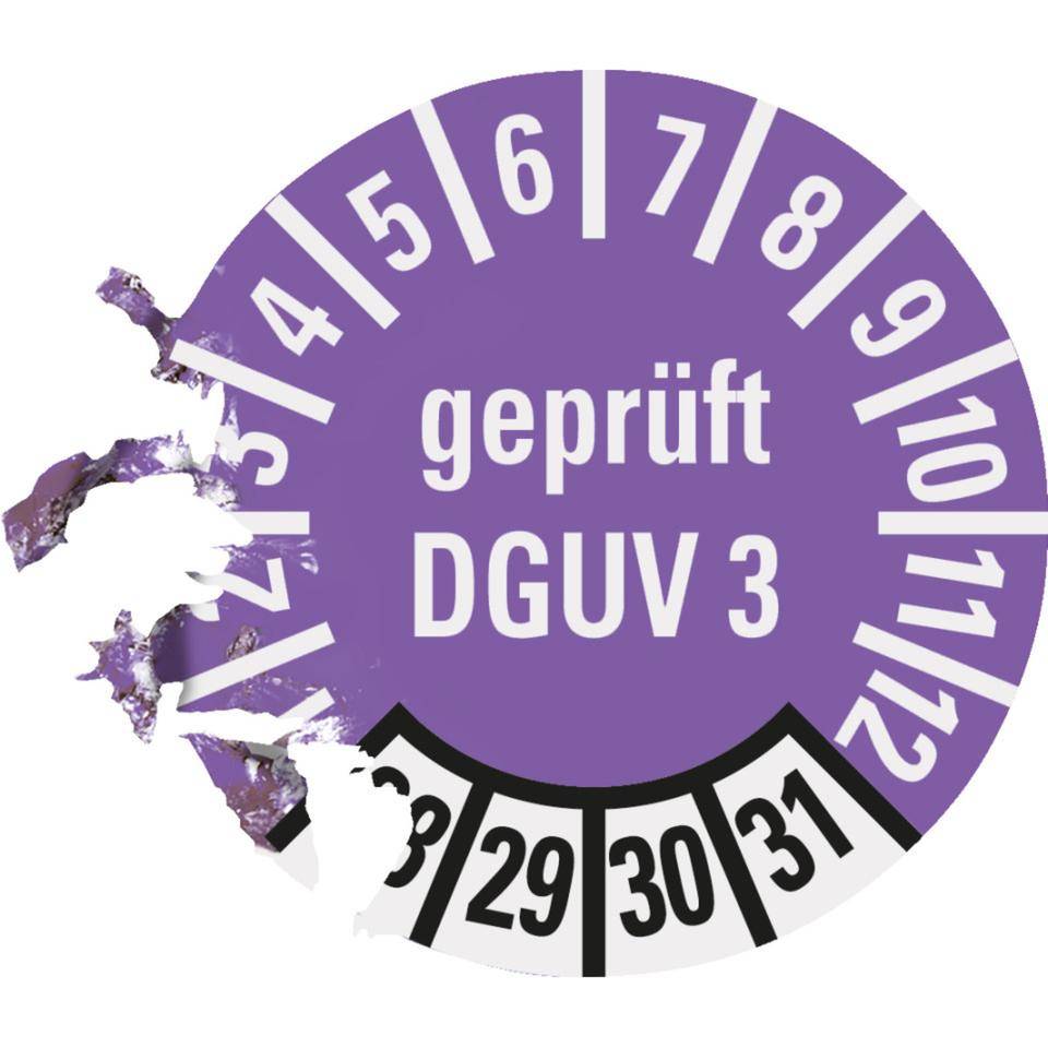 Prüfplakette Geprüft nach DGUV 3 28-30, violett, Dokumentenfolie, Ø10mm, 128/Bogen