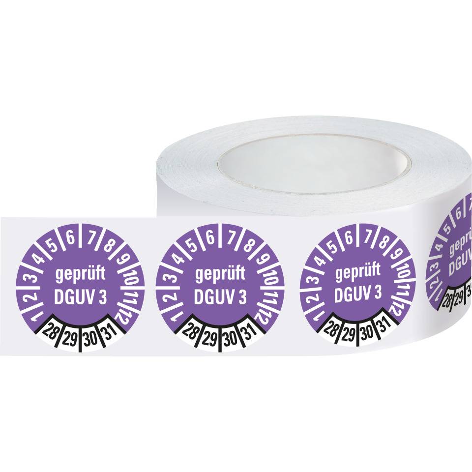 Prüfplakette geprüft nach DGUV 3, 28-31, violett, Folie, ablösbar, Ø 10mm, 1000/Rolle