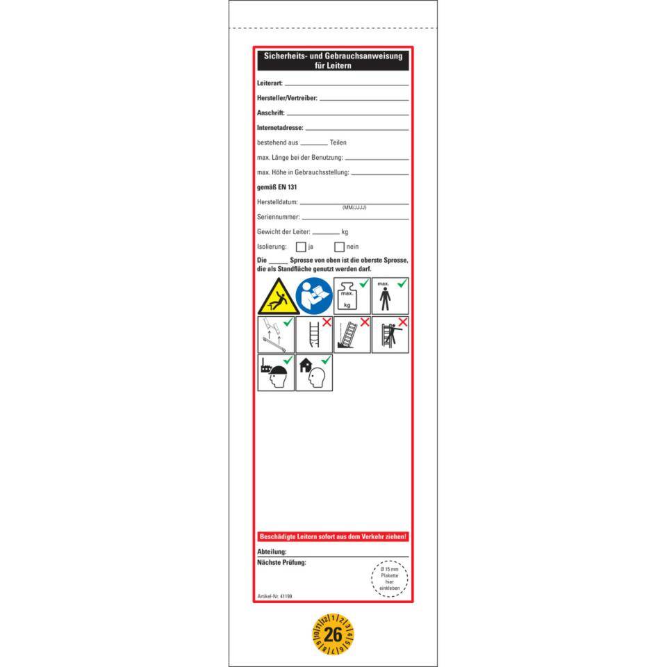 Leiter-Gebrauchsanweisung 2026, inkl. Prüfplakette Ø15mm, Folie,ablösbar, 75x265mm, 10/Heft
