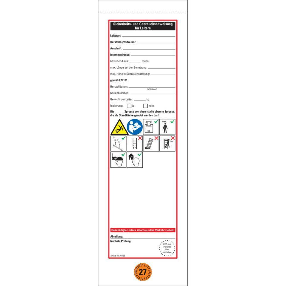 Leiter-Gebrauchsanweisung 2027, inkl.Prüfplakette Ø15mm, Folie, ablösbar, 75x265mm, 10/Heft