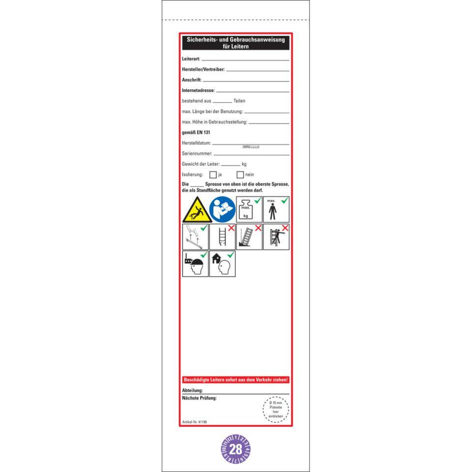 Leiter-Gebrauchsanweisung 2028, inkl. Prüfplakette Ø15mm, Folie,ablösbar, 75x265mm, 10/Heft