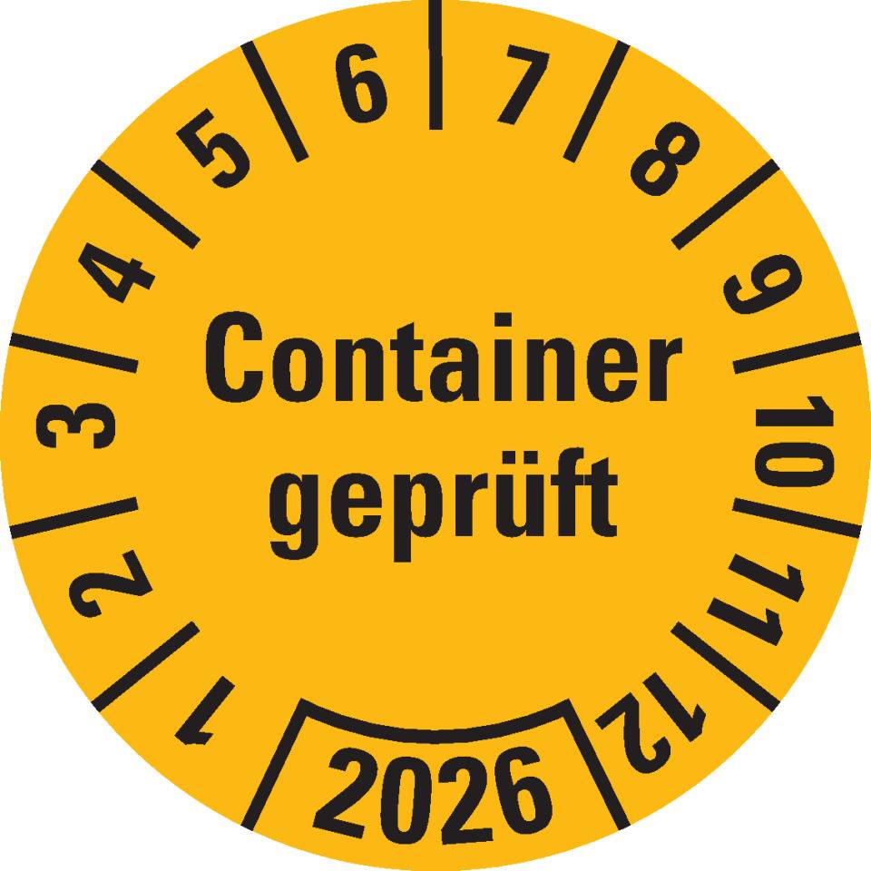 Prüfplakette Container geprüft 2026, gelb, Hochleistungsfolie, Ø 30mm, 18/Bogen