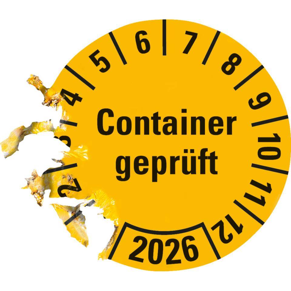 Prüfplakette Container geprüft 2026, gelb, Hochleistungsfolie, Ø30mm, 18/Bogen
