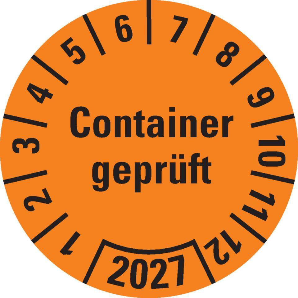 Prüfplakette Container geprüft 2027, orange, Hochleistungsfolie,Ø 30mm, 18/Bogen