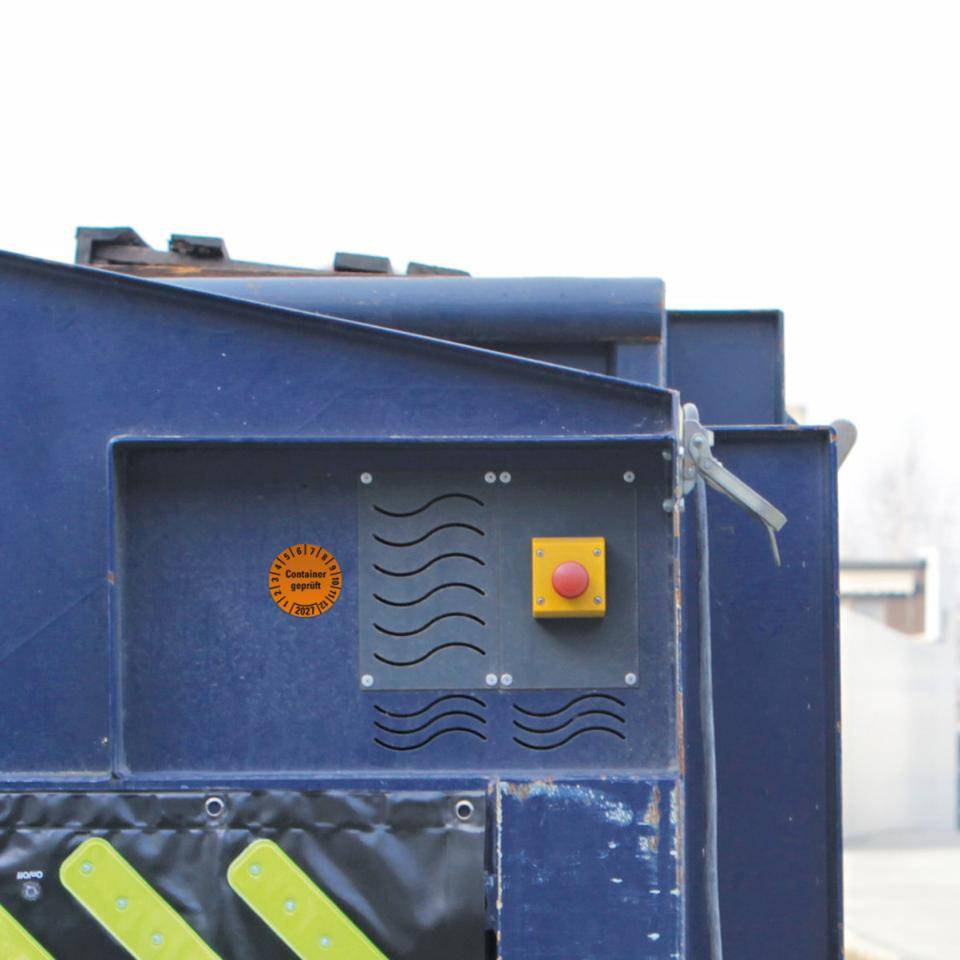 Prüfplakette Container geprüft 2027, orange, Hochleistungsfolie,Ø 30mm, 18/Bogen