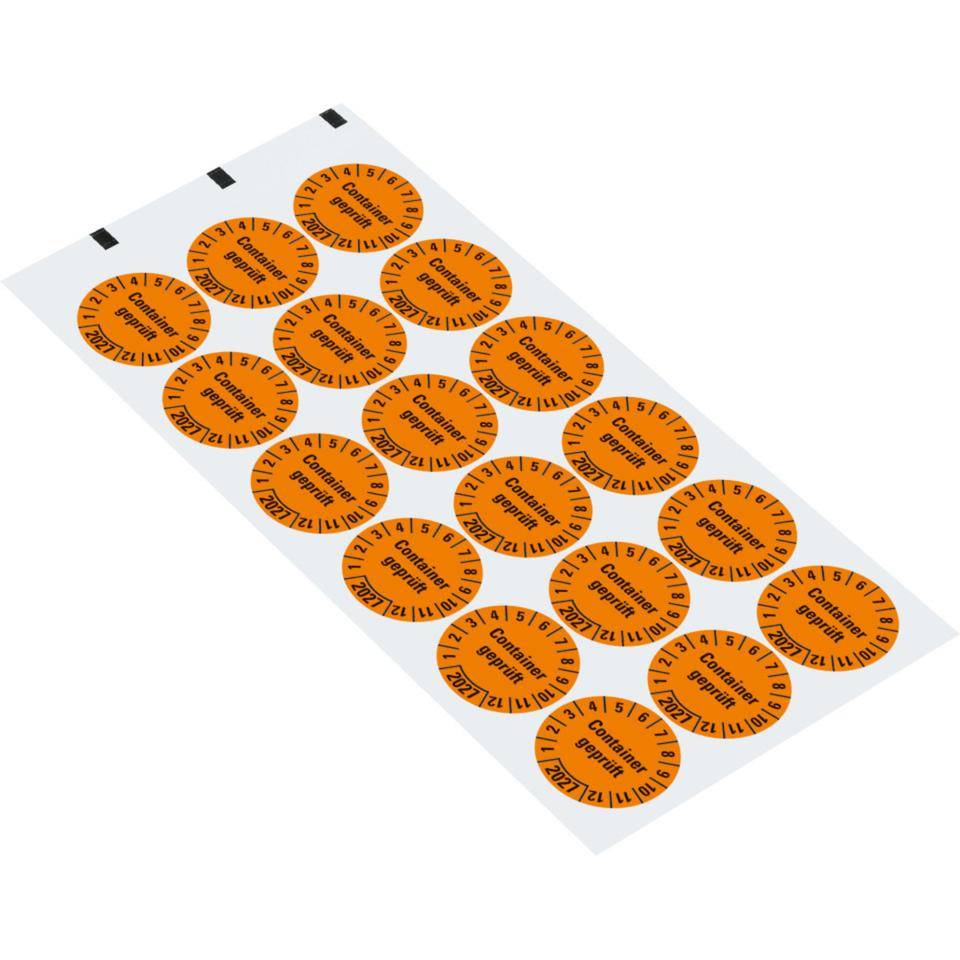 Prüfplakette Container geprüft 2027, orange, Hochleistungsfolie,Ø 30mm, 18/Bogen
