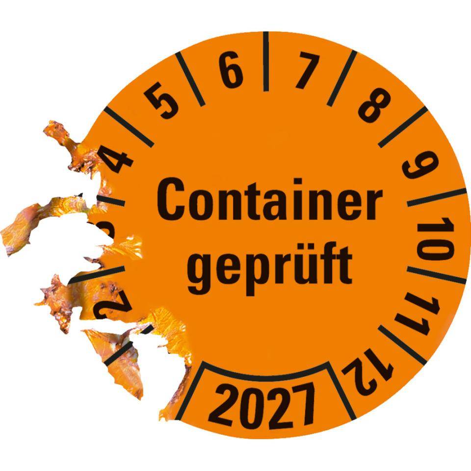 Prüfplakette Container geprüft 2027, orange, Hochleistungsfolie,Ø 30mm, 18/Bogen