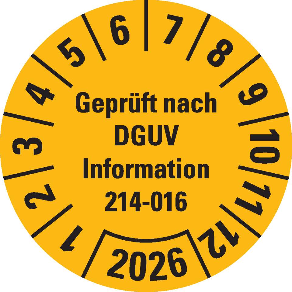 Prüfplakette Geprüft DGUV Info. 214-016, 2026, gelb, Dokumentenfolie, Ø 30mm, 18/Bogen