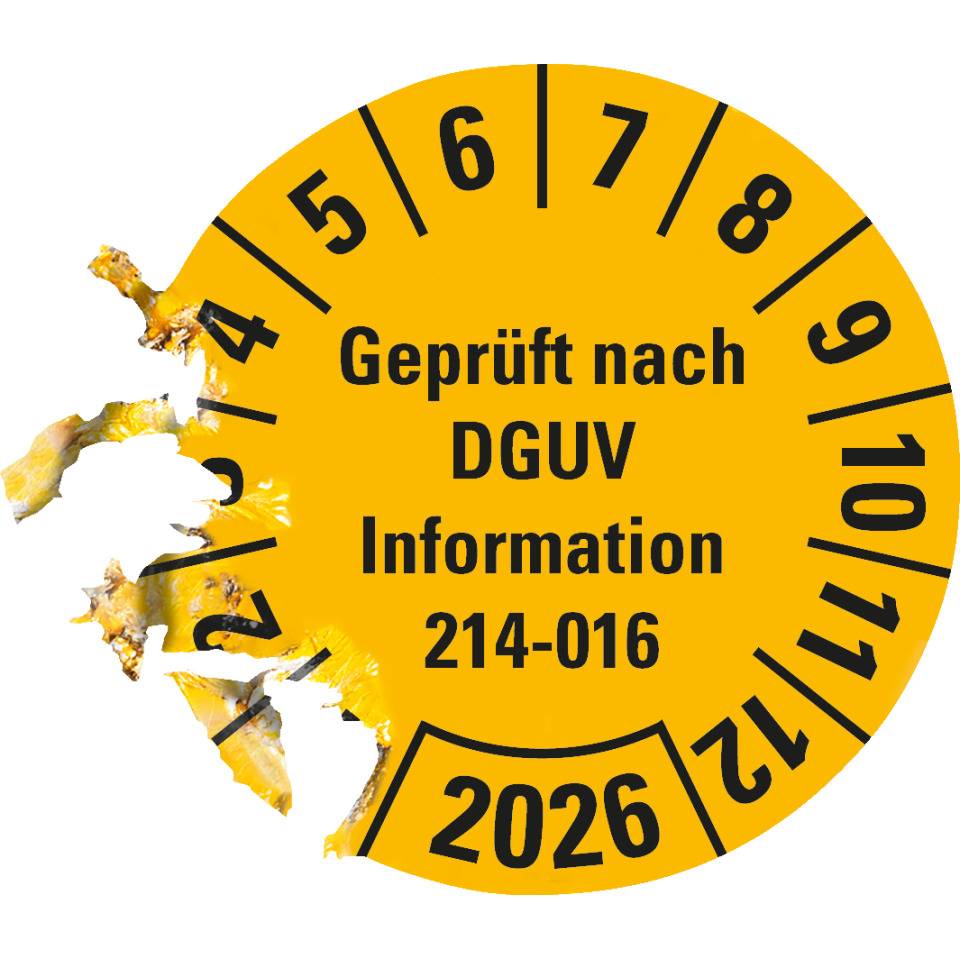 Prüfplakette Geprüft DGUV Info. 214-016, 2026, gelb, Dokumentenfolie, Ø 30mm, 18/Bogen