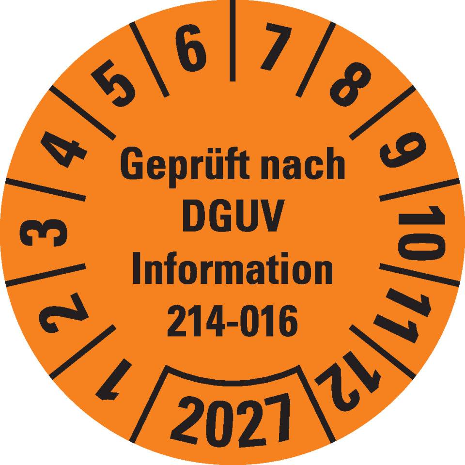 Prüfplakette Geprüft DGUV Info. 214-016, 2027, orange, Dokumentenfolie, Ø 30mm, 18/Bogen