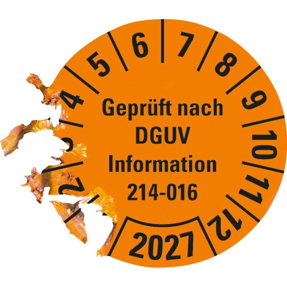Prüfplakette Geprüft DGUV Info. 214-016, 2027, orange, Dokumentenfolie, Ø 30mm, 18/Bogen