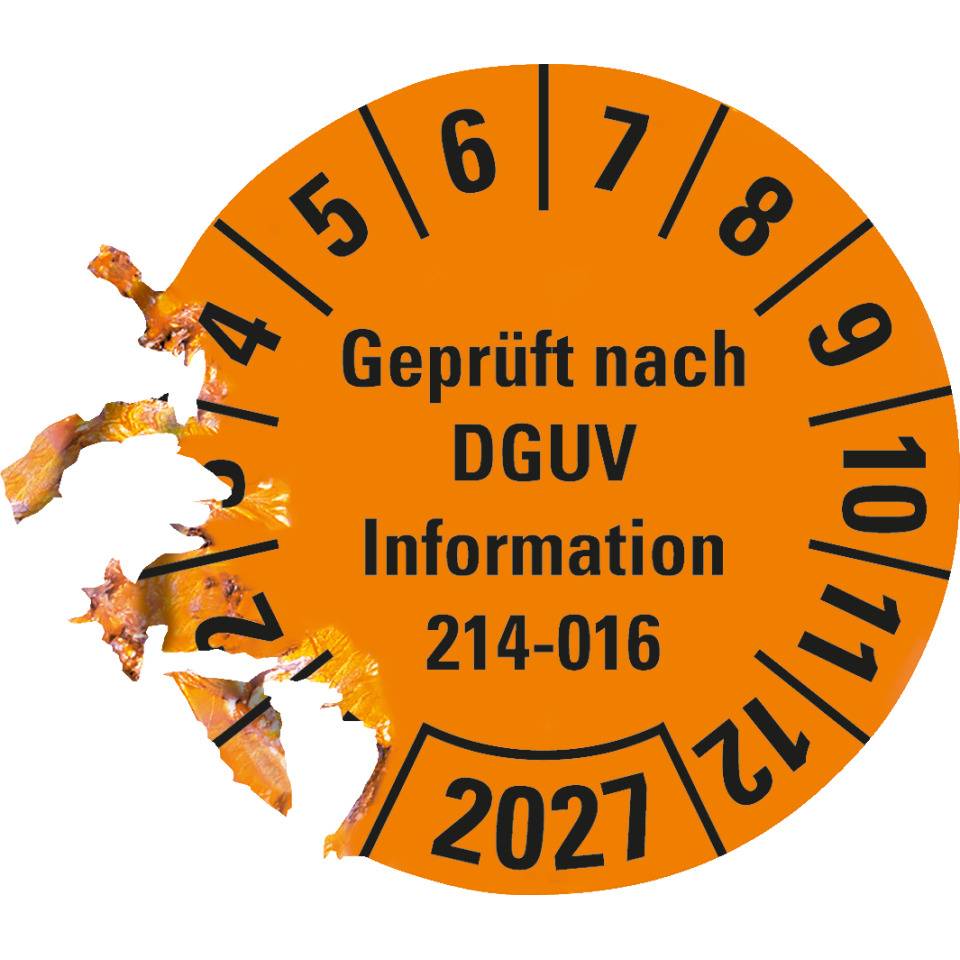 Prüfplakette Geprüft DGUV Info. 214-016, 2027, orange, Dokumentenfolie, Ø 30mm, 18/Bogen