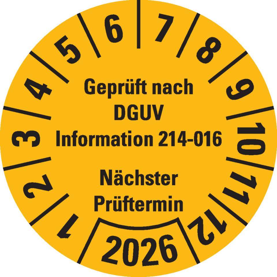 Prüfplakette Geprüft DGUV Info. 214-016 Nächster Prüftermin 2026,gelb,Dokumentenfolie,Ø 30mm,18/Bogen