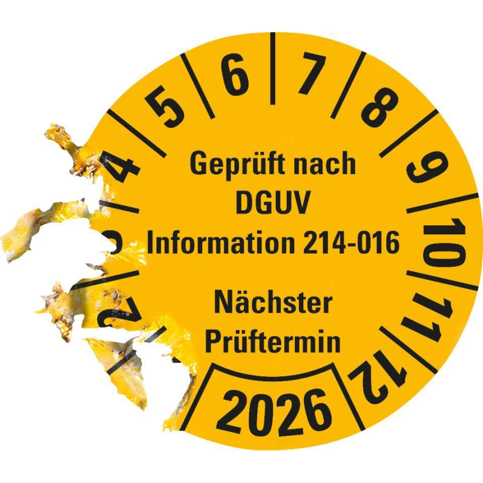 Prüfplakette Geprüft DGUV Info. 214-016 Nächster Prüftermin 2026,gelb,Dokumentenfolie,Ø 30mm,18/Bogen