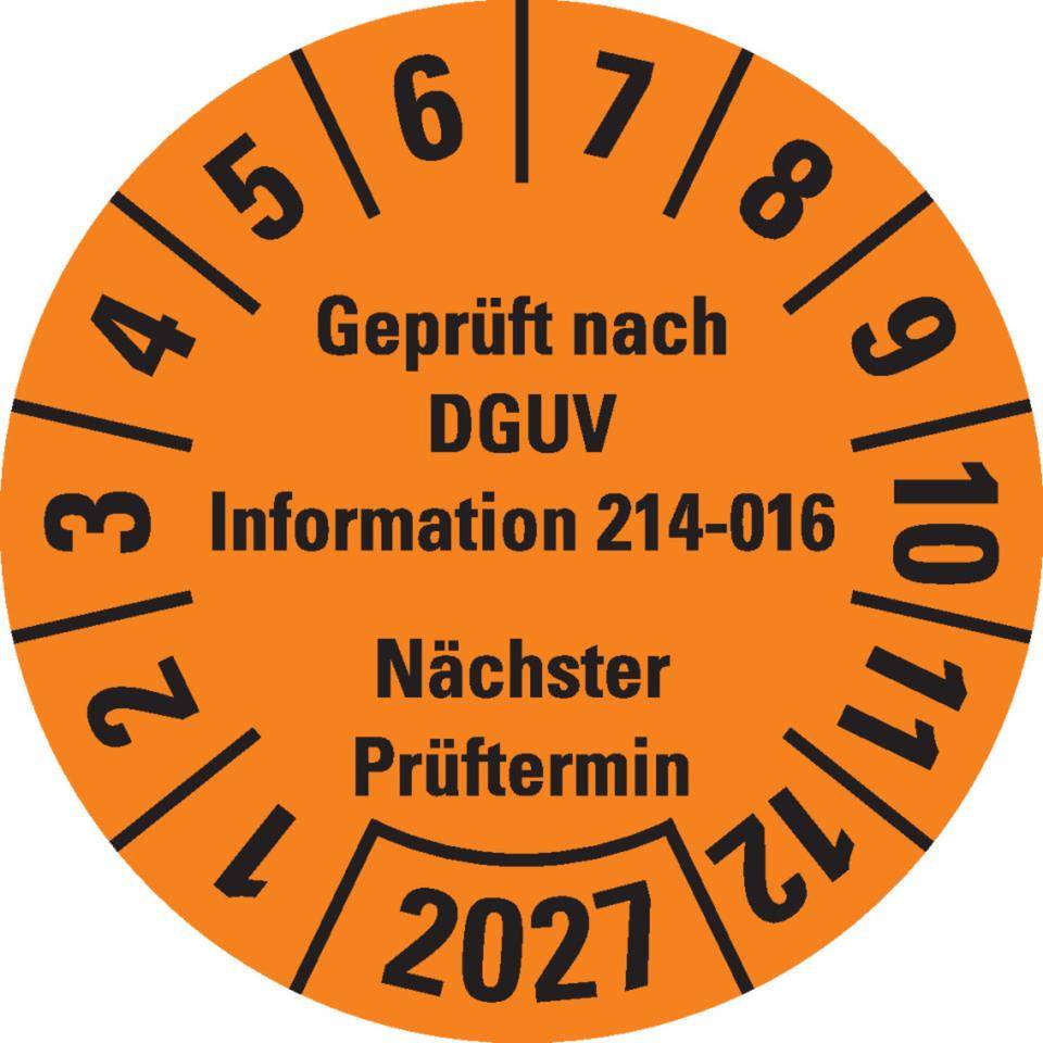 Prüfplakette Geprüft DGUV Info. 214-016 Nächster Prüftermin 2027, orange, Dokumentenfolie, Ø 30mm, 18/Bogen