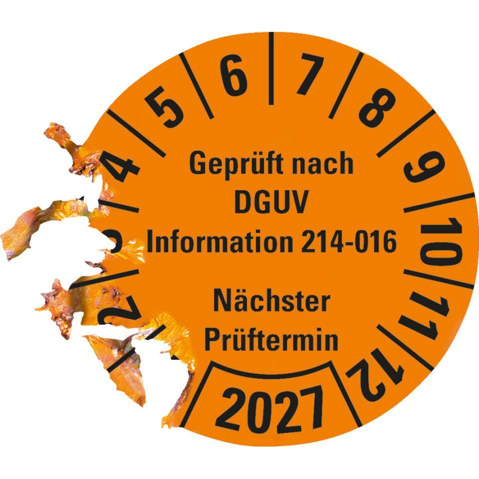 Prüfplakette Geprüft DGUV Info. 214-016 Nächster Prüftermin 2027, orange, Dokumentenfolie, Ø 30mm, 18/Bogen