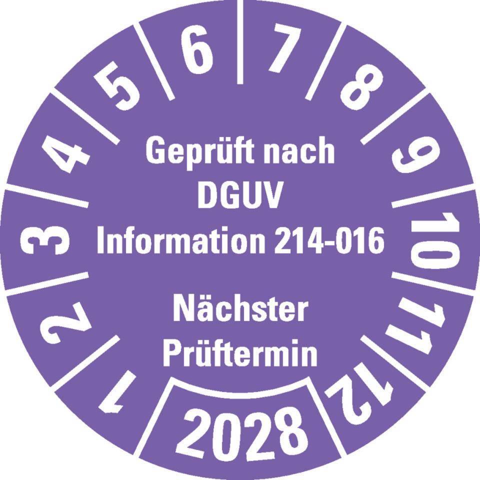 Prüfplakette Geprüft DGUV Info. 214-016 Nächster Prüftermin 2028, violett, Dokumentenfolie, Ø30mm, 18/Bogen