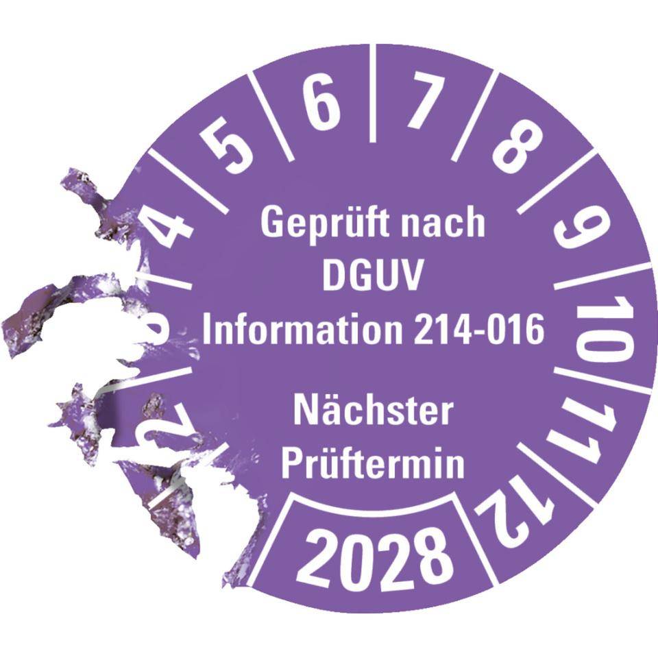 Prüfplakette Geprüft DGUV Info. 214-016 Nächster Prüftermin 2028, violett, Dokumentenfolie, Ø30mm, 18/Bogen