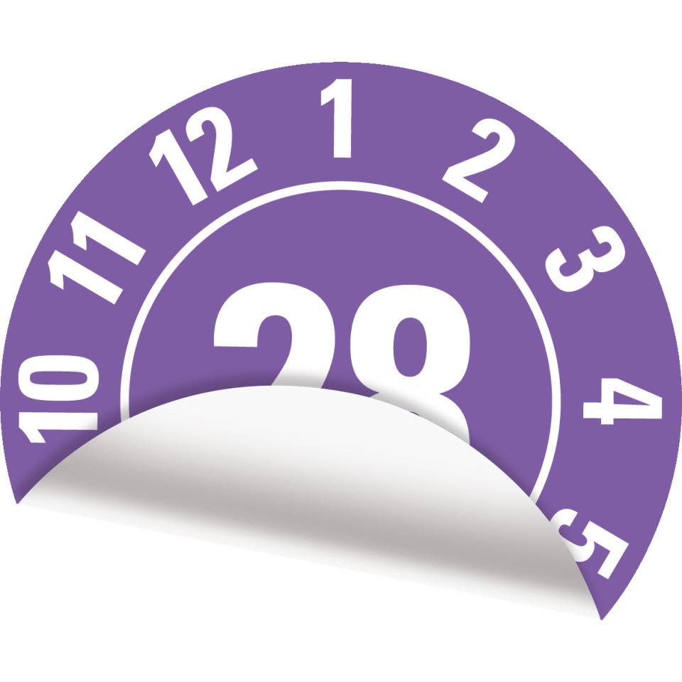 Jahresprüfplakette 28, violett, Folie, ablösbar, Ø 20mm, 500/Rolle