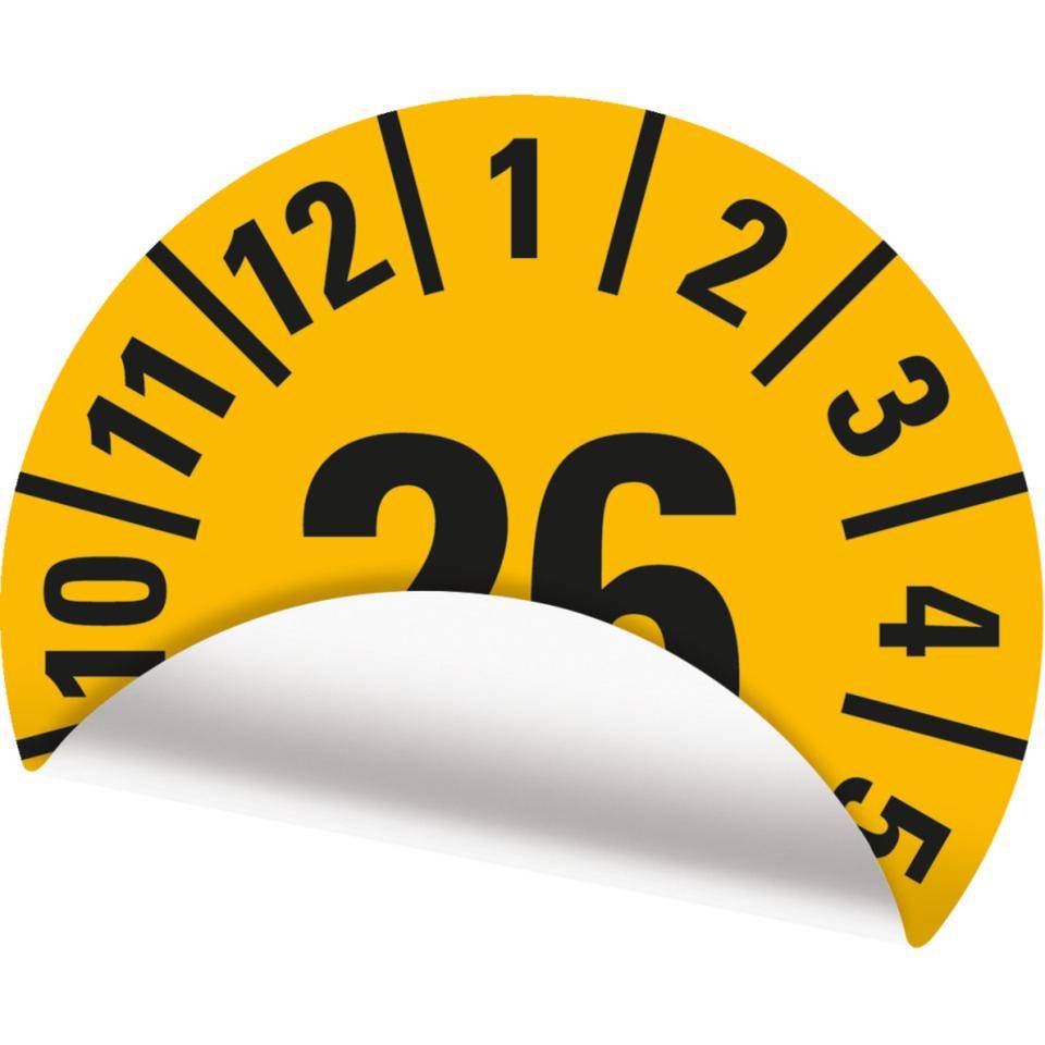 Jahresprüfplakette 26, gelb, Folie, ablösbar, Ø 30mm, 500/Rolle