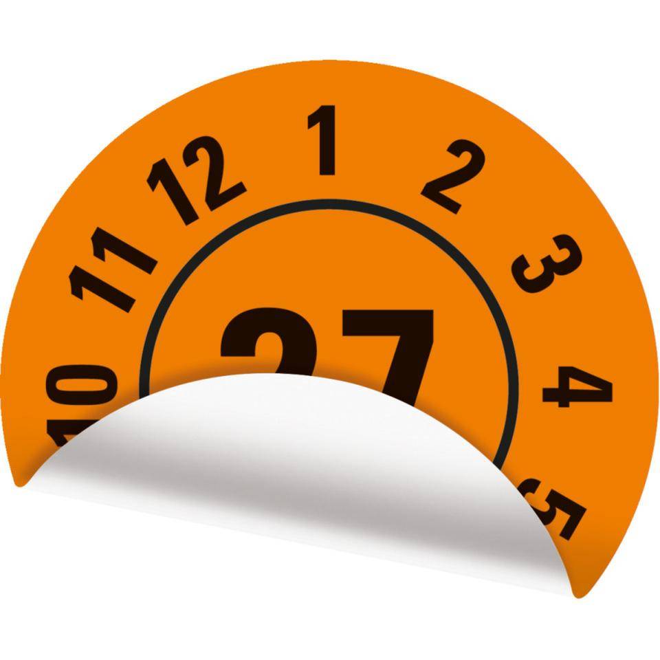 Prüfplakette 27, orange, Folie, ablösbar, Ø 25mm, 500/Rolle