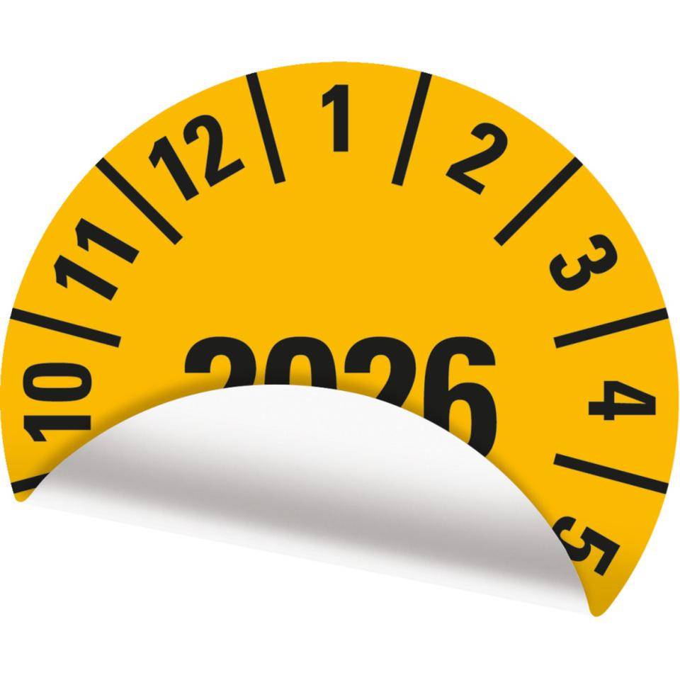 Jahresprüfplakette 2026, gelb, Folie, ablösbar, Ø 10mm, 128/Bogen