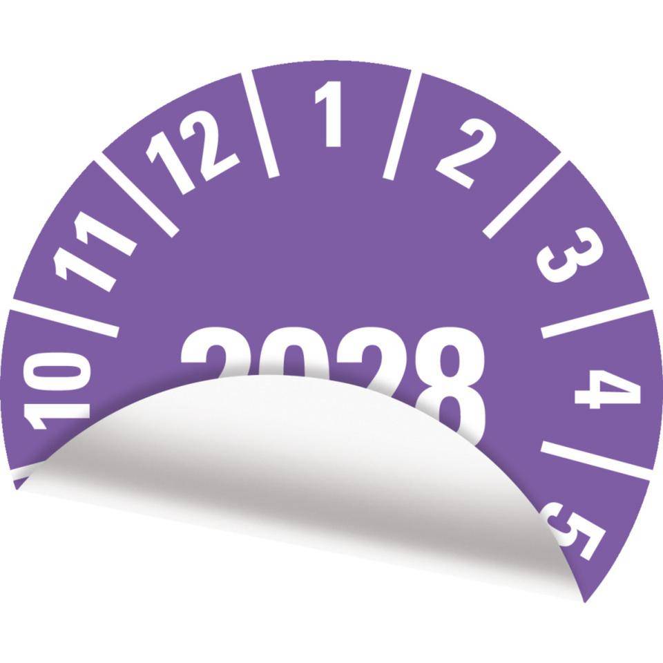 Jahresprüfplakette 2028, violett, Folie, ablösbar, Ø 10mm, 1000/Rolle