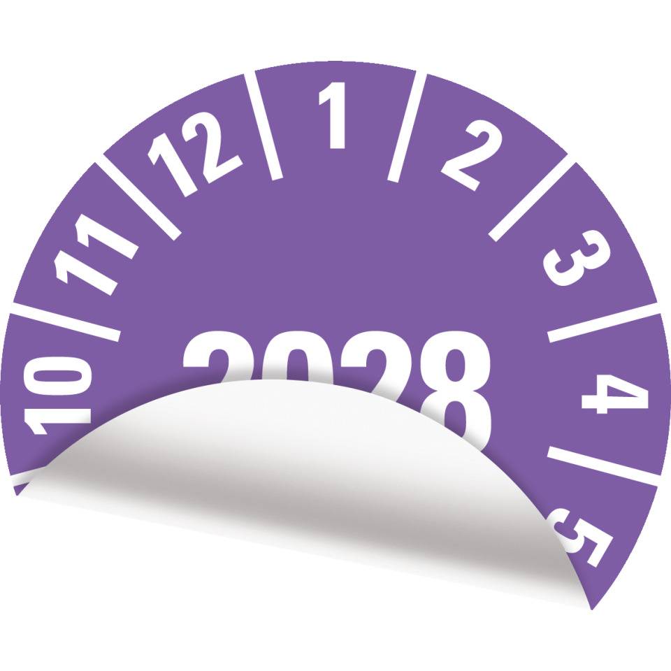 Prüfplakette 2028, violett, Folie, ablösbar, Ø 15mm, 420/Heft