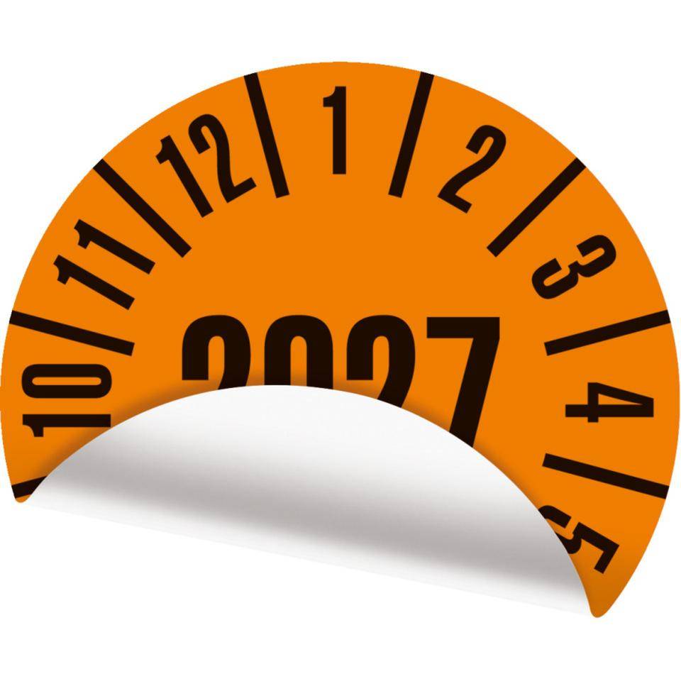 Prüfplakette 2027, orange, Cellulose-Folie, selbstklebend, Ø 30mm, 500/Rolle