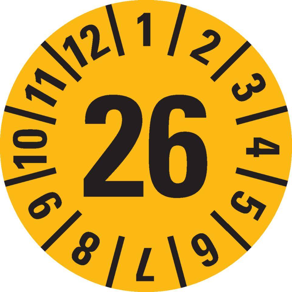 Prüfplakette 26, gelb, Cellulose-Folie, selbstklebend, Ø 30mm, 18/Bogen