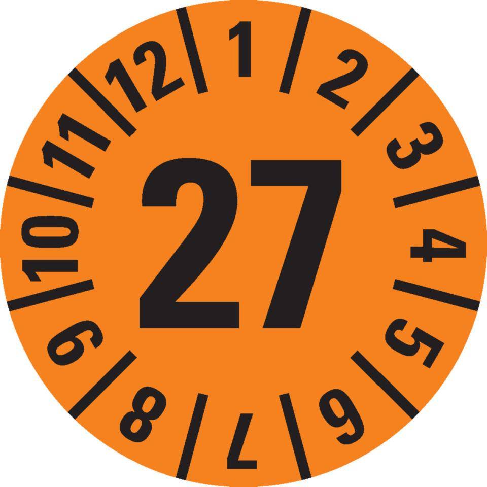 Prüfplakette 27, orange, Cellulose-Folie, selbstklebend, Ø 30mm,500/Rolle