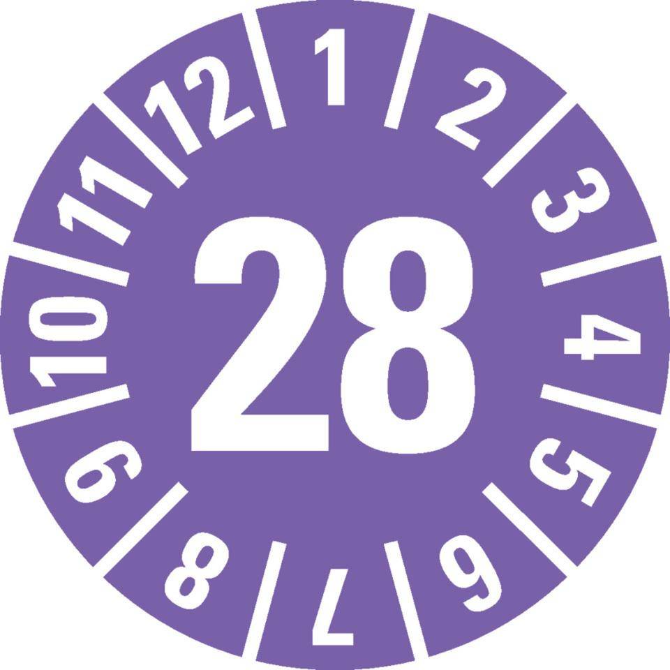 Prüfplakette 28, violett, Cellulose-Folie, selbstklebend, Ø 30mm, 18/Bogen