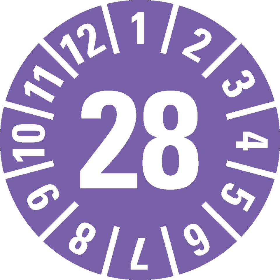 Prüfplakette 28, violett, Cellulose-Folie, selbstklebend, Ø 30mm, 18/Bogen