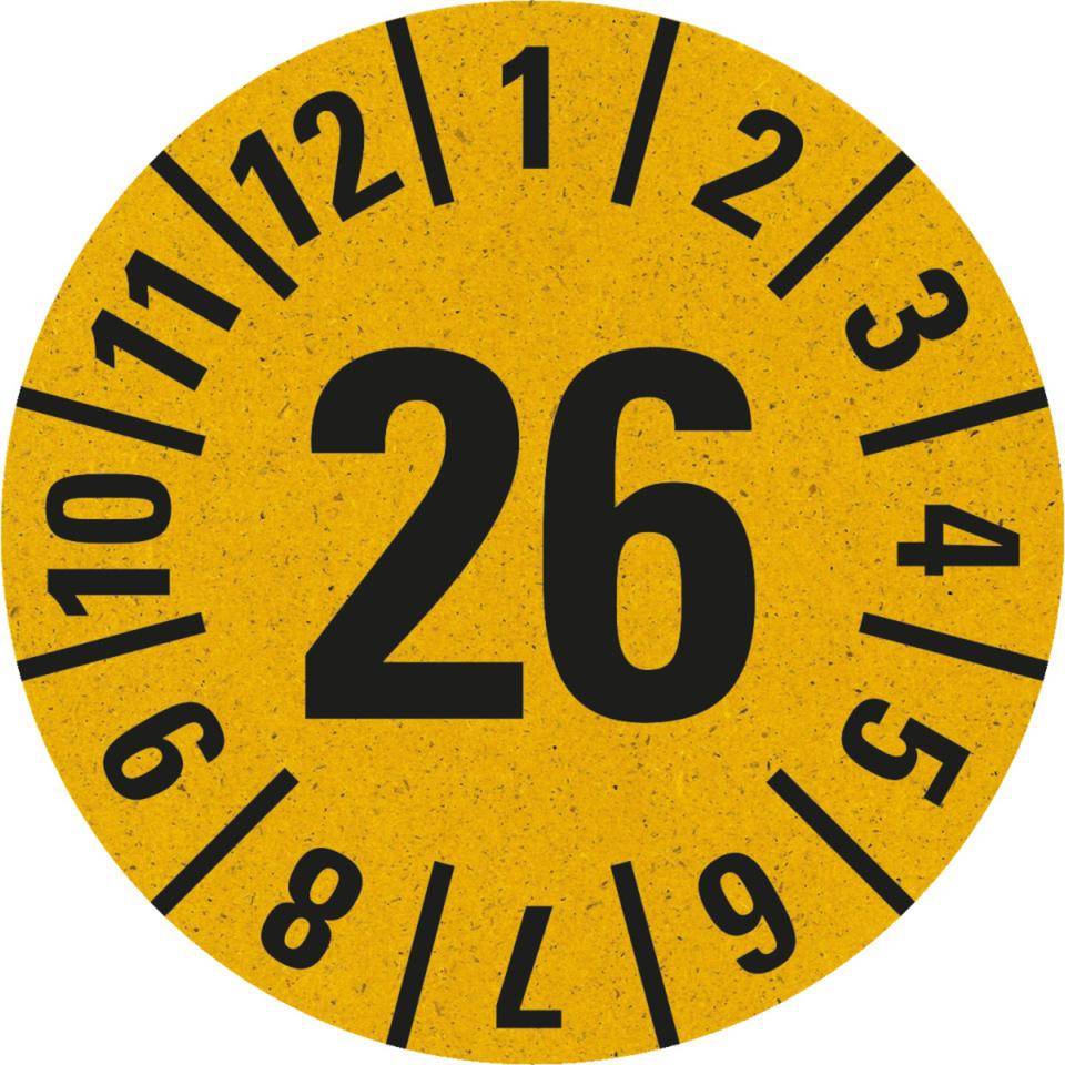 Prüfplakette 26, gelb, Primärfaser-Graspapier, Ø 30mm, 500/Rolle