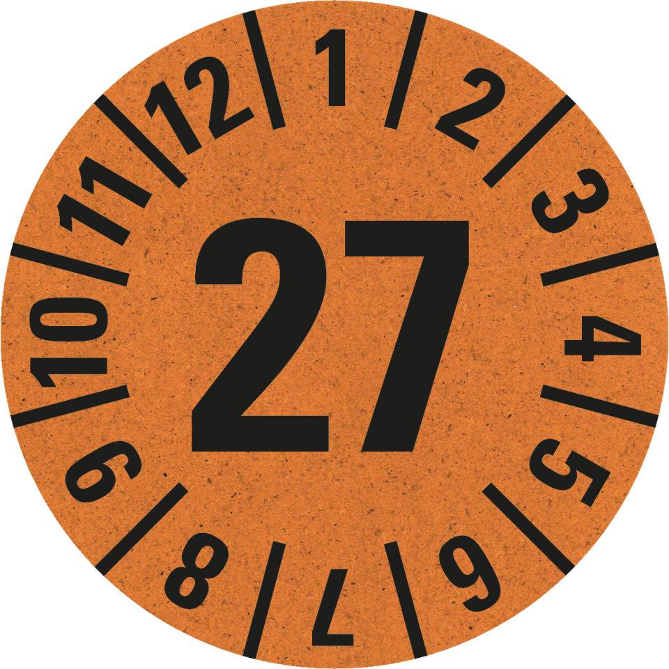 Prüfplakette 27, orange, Primärfaser-Graspapier, selbstkl., Ø 30mm, 500/Rolle