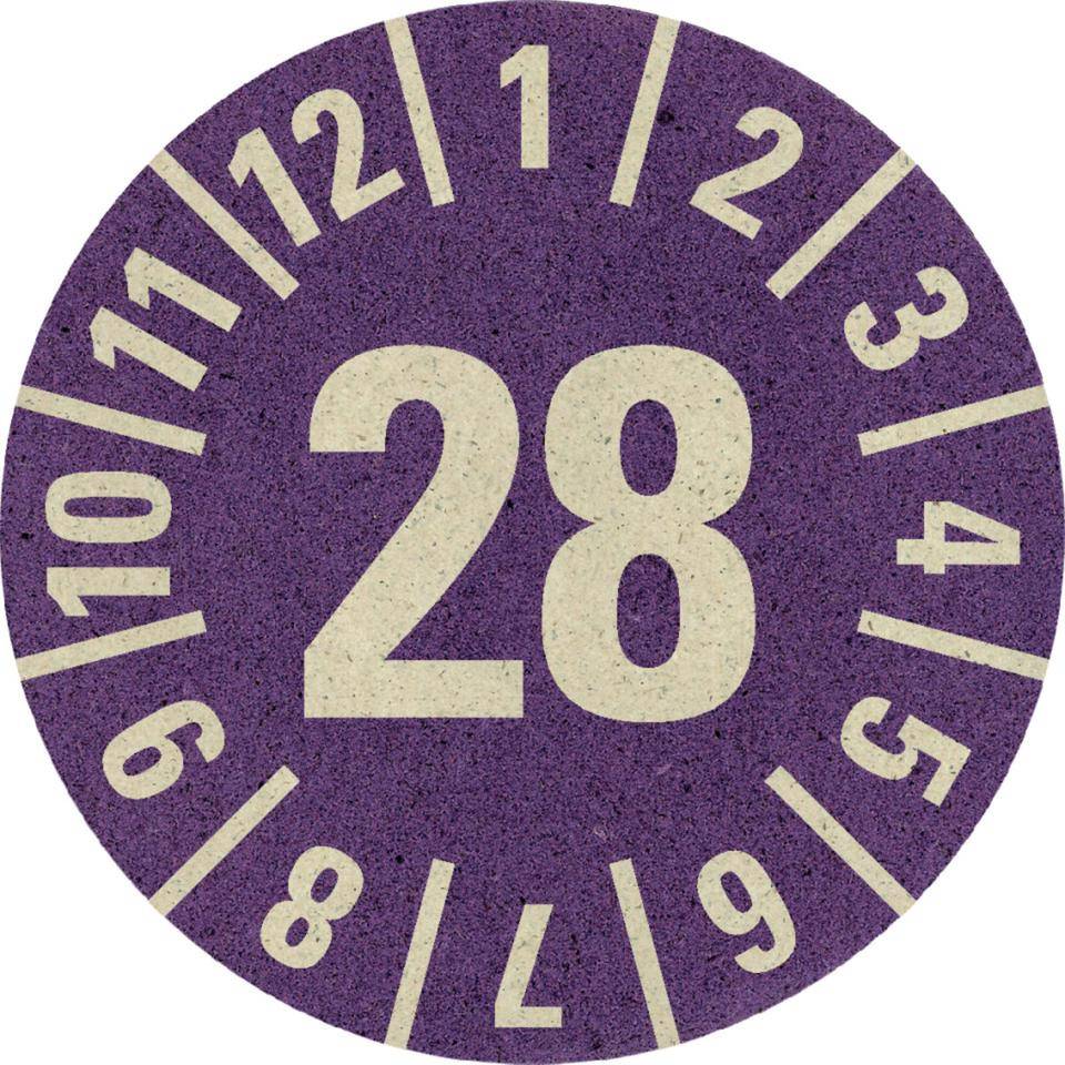Prüfplakette 28, violett, Primärfaser-Graspapier, selbstklebend,Ø 30mm, 500/Rolle