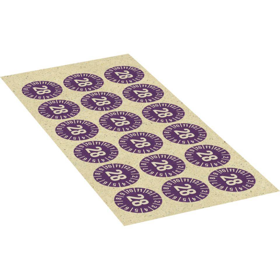 Prüfplakette 28, violett, Primärfaser-Graspapier, selbstklebend,Ø 30mm, 18/Bogen