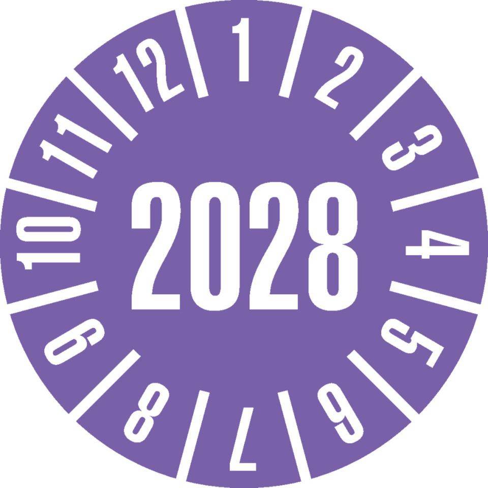Prüfplakette 2028, violett, Cellulose-Folie, selbstklebend, Ø 30mm, 500/Rolle