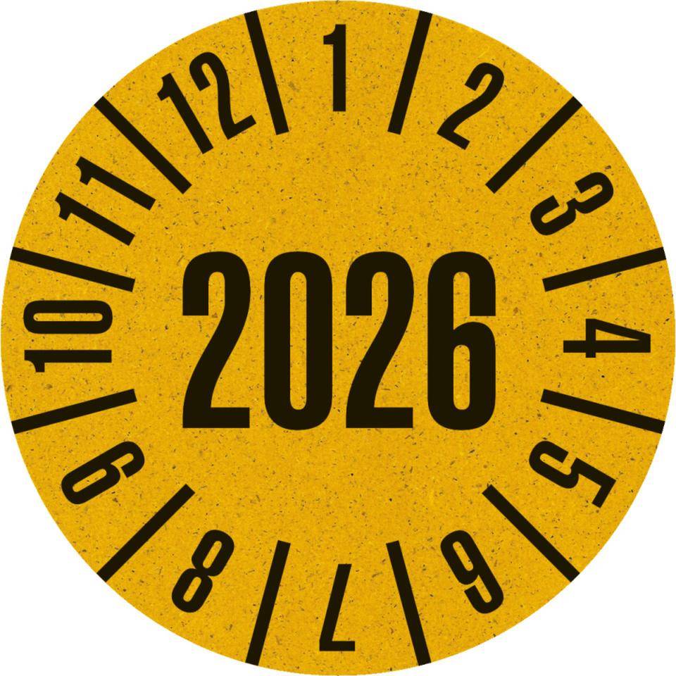 Prüfplakette 2026, gelb, Primärfaser-Graspapier, Ø 30mm, 500/Rolle