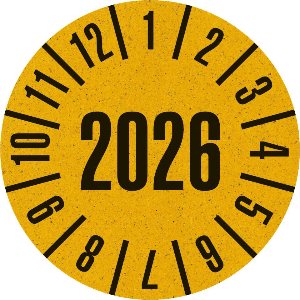 Prüfplakette 2026, gelb, Primärfaser-Graspapier, selbstkl., Ø 30mm, 18/Bogen