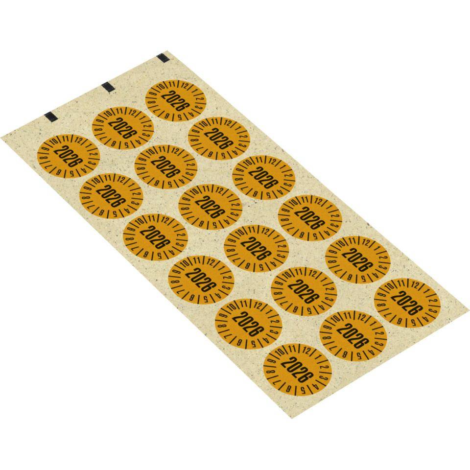 Prüfplakette 2026, gelb, Primärfaser-Graspapier, Ø 30mm, 18/Bogen