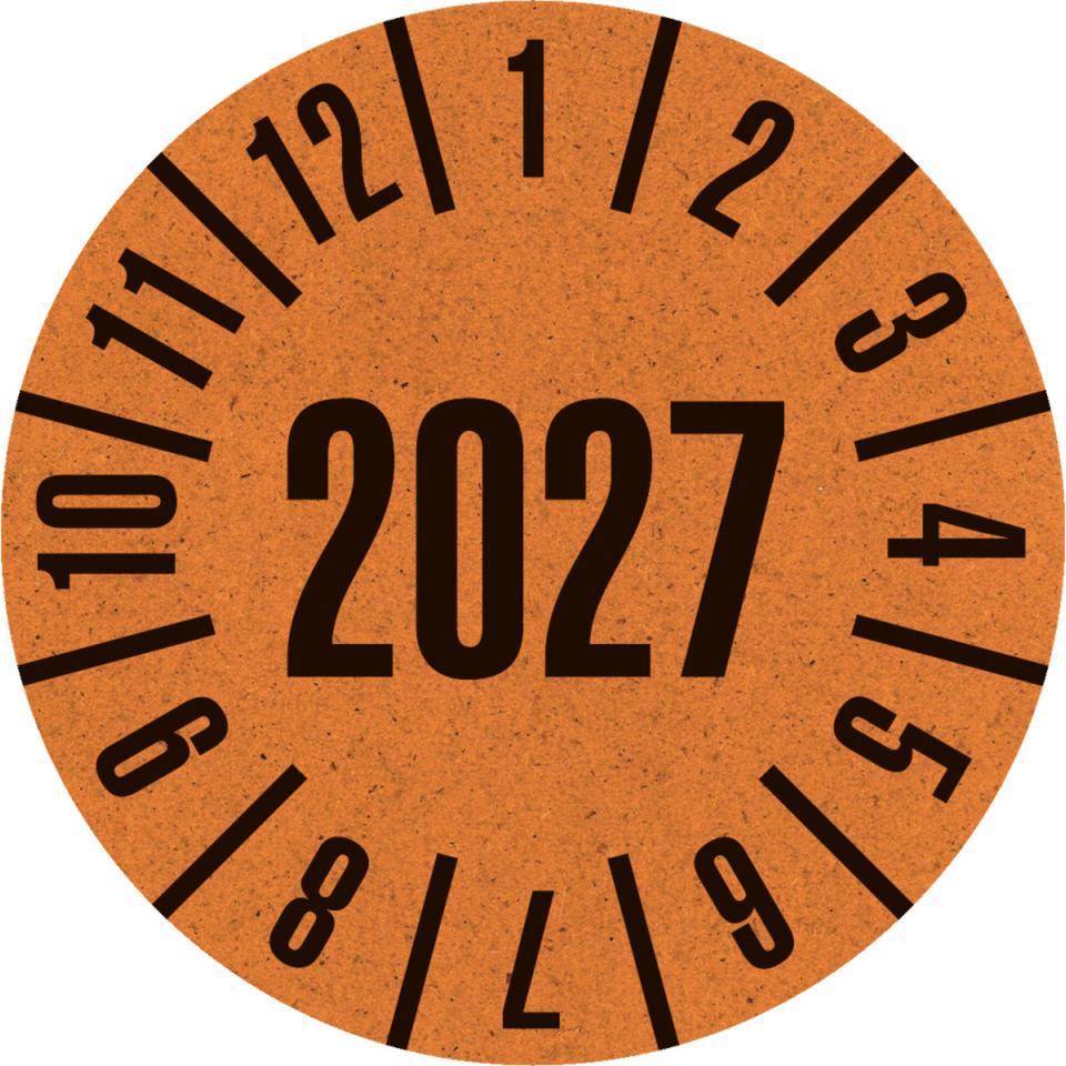 Prüfplakette 2027, orange, Primärfaser-Graspapier, Ø 30mm, 500/Rolle