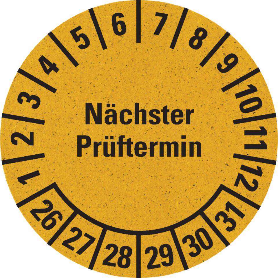 Prüfplakette Nächster Prüftermin 26-31,gelb,Primärfaser-Graspapier,Ø 30mm,500/RO