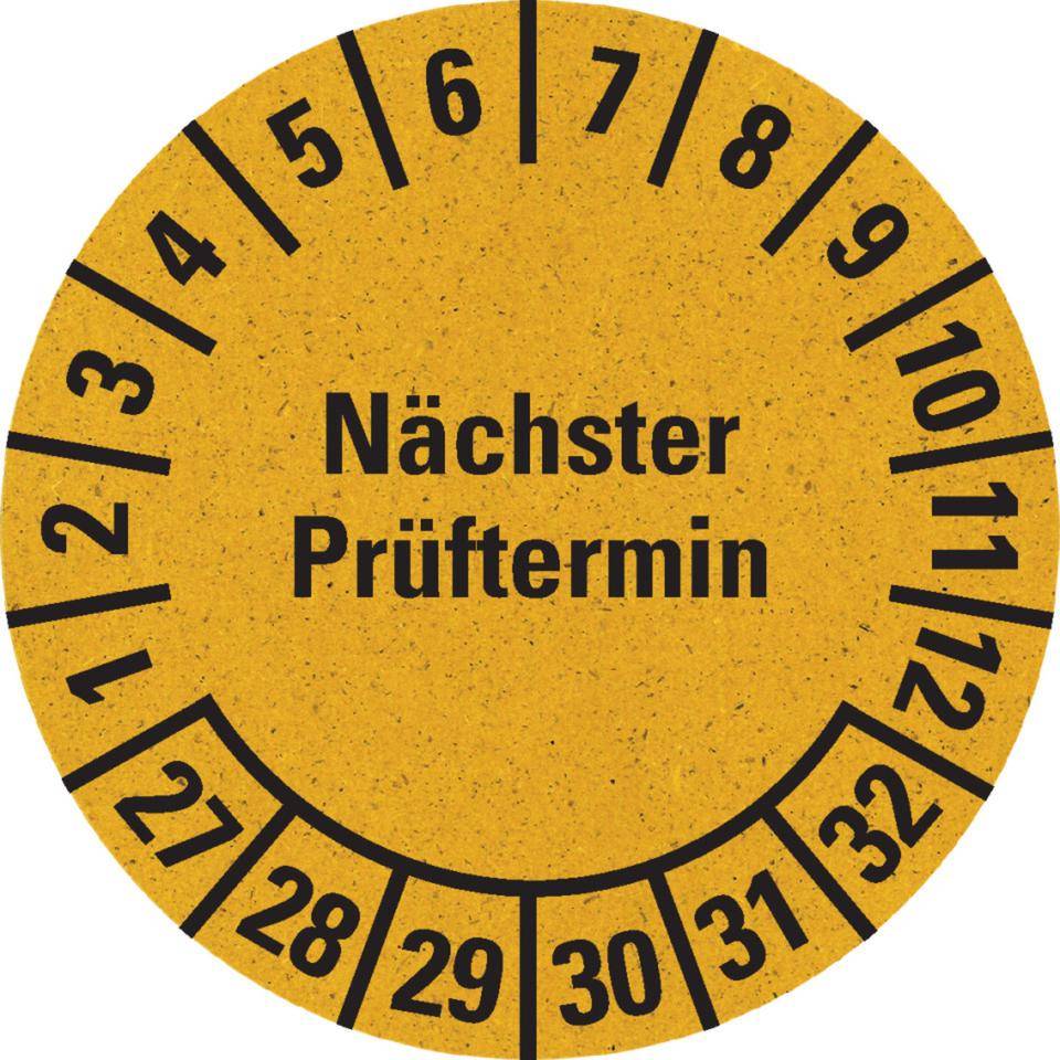 Prüfplakette Nächster Prüftermin 27-32,gelb,Primärfaser-Graspapier,Ø 30mm,500/RO
