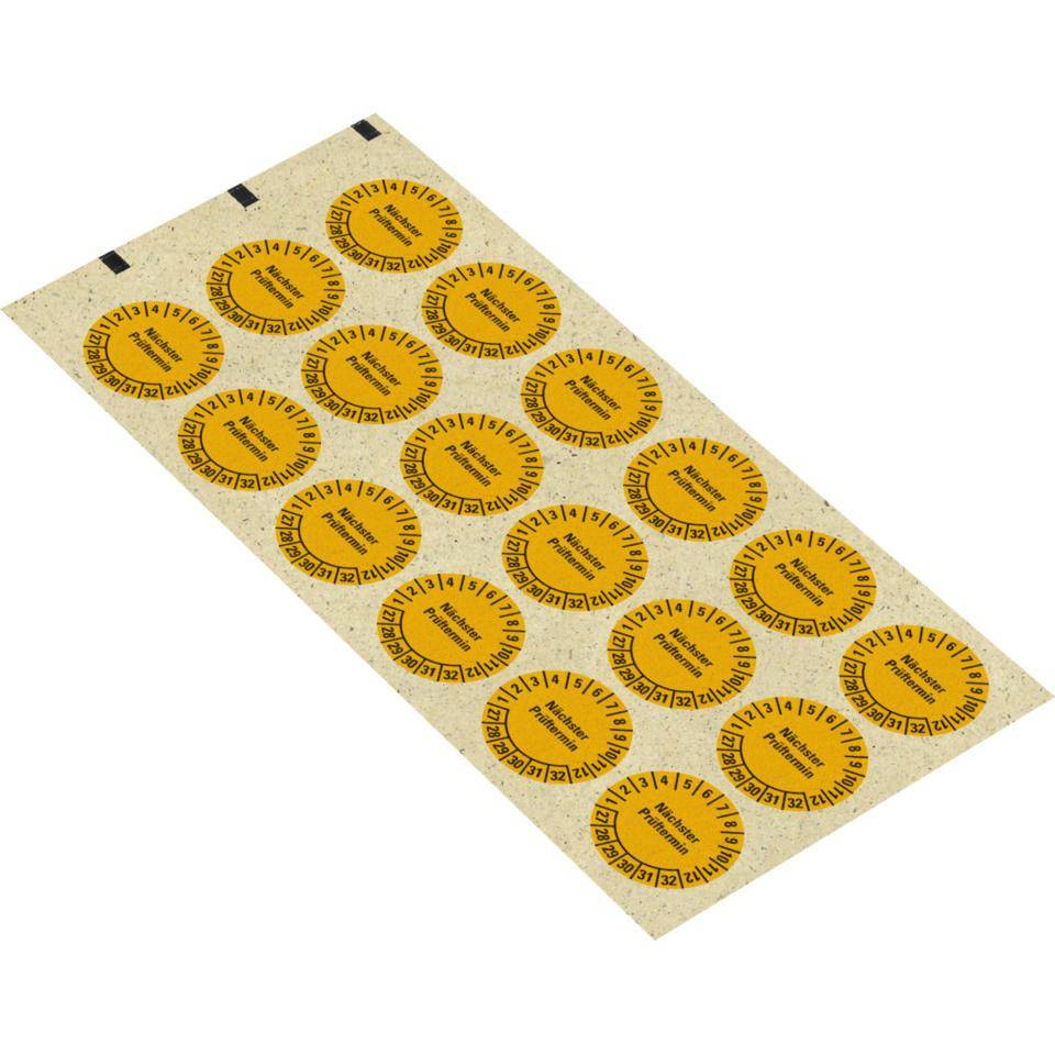 Prüfplakette Nä. Prüftermin 27-32,gelb,Primärfaser-Graspapier, Ø 30mm,18/Bogen