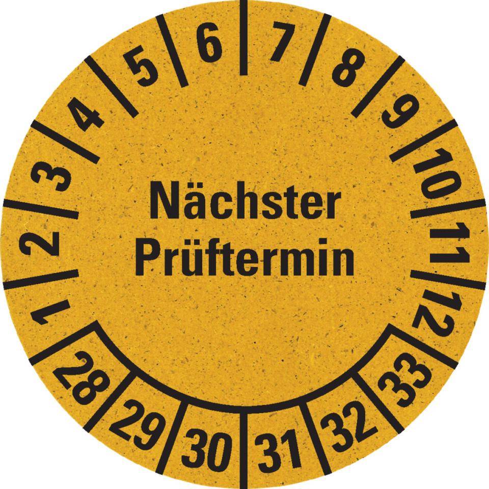 Prüfplakette Nächster Prüftermin 28-33, gelb, Primärfaser-Graspapier, Ø 30mm, 500/Rolle