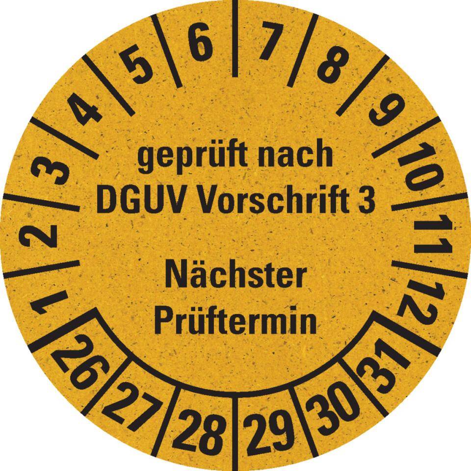 Prüfplakette gepr.n.DGUV V3,NP,26-31,gelb,Primärfaser-Graspapier,Ø 30mm,500/RO