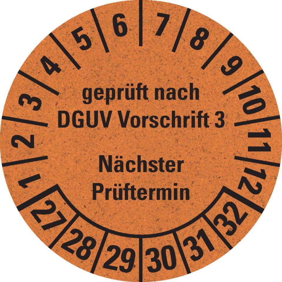 Prüfplakette gepr.n.DGUV V3,NP,27-32,orange,Primärfaser-Graspapier,Ø 30mm,500/RO